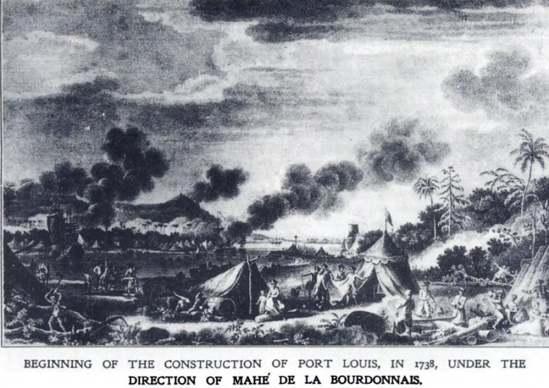 Début de la construction de Port-Louis sous le gouverneur Mahé de La Bourdonnais 