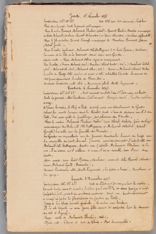 Journal du poste de Tadjourah du 1er novembre 1928 au 31 décembre 1936. 1re page