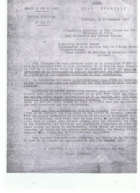 Note adressée par Decugis à un de ses collaborateurs le 18 novembre 1941, qui sera produite lors d’un procès tenu à Tananarive en 1944