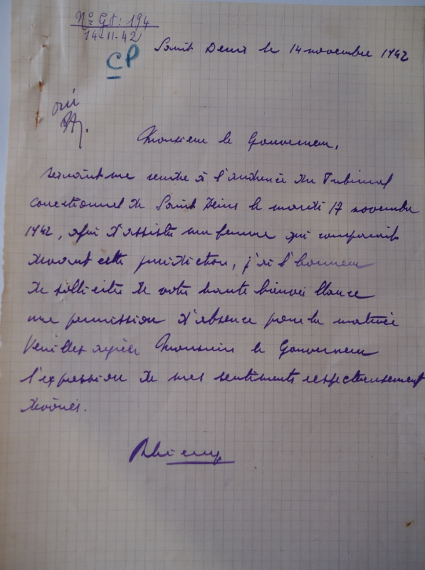 Lettre de Decugis au gouverneur pour solliciter un congé afin d’assister au procès de sa femme. [A.D.R.]