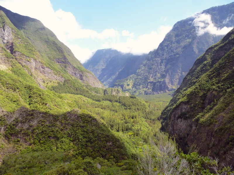 Fig. 2 : En bas à gauche, le plateau bas du Piton Colignet encadré au sud-est et au nord-ouest par les montagnes abruptes de la Rivière des Remparts