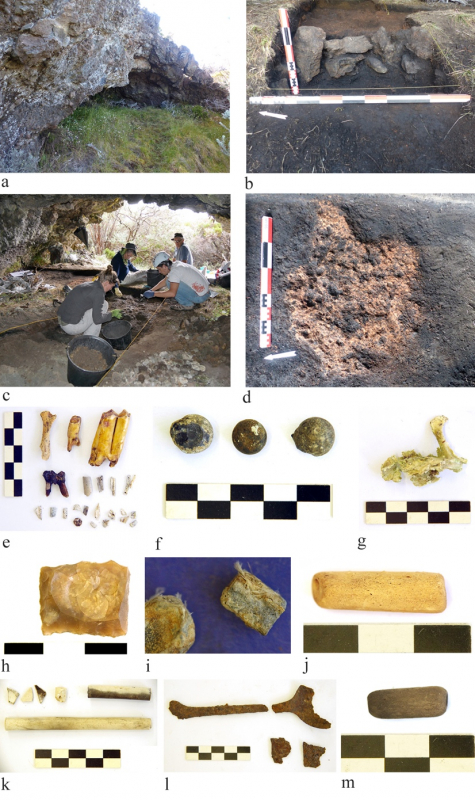 Fig. 6 : a, ouverture de la caverne de Cotte ; b, empierrement ayant servi à niveler le terrain ; c, sondage archéologique en cours de fouille ; d, zone sédimentaire rubéfiée pressentie comme fond d’un foyer dont on devine encore l’emplacement des roches ; e, ossements animaux divers (cabri, oiseau, lapin) ; f, balles en plomb ; g, os d’oiseau ; h, pierre à fusil de forme prismatique en silex blond ; i, petits plombs vus au microscope conservant quelques fins fragments de plumes ; j, probable perle taillée à partir d’un fragment de tuyau de pipe en terre ; k, fragments de fourneaux et de tuyaux de pipe présentant des traces de combustions qui indiquent que ces objets ont été utilisés ; l, fragments d’une cuillère en métal ferreux ; m, probable perle taillée dans une pierre ponce