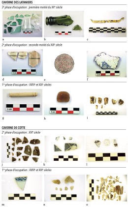 Fig. 8 : a, tessons de bouteilles d’eaux minérales ; b, goulot de bouteille caractéristique de la fabrication industrielle ; c, fragment métallique d’une bouteille de Cognac Martell ; d, fragments de faïence fine provenant d’un service à café orné de fins liserés dorés ; monnaie en cupro-nickel d’une valeur de 50 cent datée de 1896 ; f ; fragment d’une assiette en faïence fine française provenant de la manufacture bordelaise de Vieillard et Johnston, seconde moitié du XIXe siècle ; g, fragment de tuyau de pipe en terre décoré d’un rang de perles appliquées à la molette daté de la seconde moitié du XVIIe et de la première moitié du XVIIIe siècles ; h, pierre à fusil dite « Dutch » en silex blond très courante durant les débuts de la période coloniale (XVIIe et XVIIIe siècles) ; i, dents de cabri ; j, fragments d’un bol en céramique vernissée marron ; k, fragments d’un fond de bol en porcelaine chinoise à décor bleu et blanc associé au signe « Shou » de longévité ; l, tessons d’ampoules médicinales en verre ; m, fragment d’assiette en porcelaine chinoise de la dynastie Qing ornée d’un liseré brun sur le bord ; n, fragments de silex blonds ; o, fragments d’os d’oiseaux
