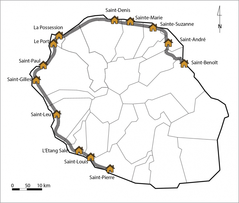 Fig. 1 : Le chemin de fer à La Réunion 1882-1976, avec la localisation des 13 gares