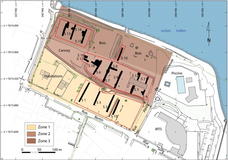 Fig. 10 : Les trois zones du site de la rue Bertin à Saint-Benoît avec l’implantation des sondages archéologiques sur chacune d’entre elles