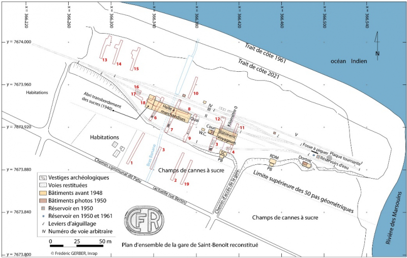Fig. 19 : Plan d’ensemble de la gare de Saint-Benoît reconstitué à partir des divers documents d’archives, des vues aériennes de l’IGN et des vestiges archéologiques
