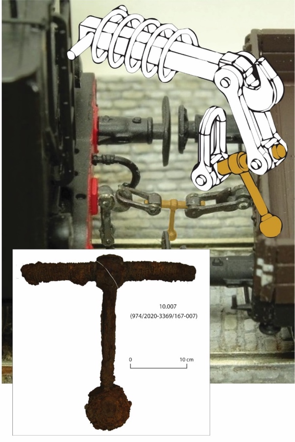 Fig. 20 : Identification d’un des objets métalliques retrouvés dans un des sondages : la double-vis d’un tendeur d’attelage-à-vis (photo d’arrière-plan : Louis « Loustic » sur LR Presse forum - modelesferroviaires.com / Dessin de premier plan repris d’après un dessin de Decapod.fr)