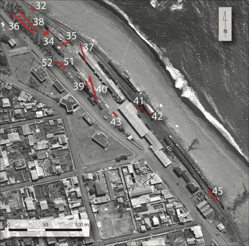 Fig. 4 : Localisation des sondages autour de la gare ferroviaire sur l’orthophotographie aérienne de 1950 (IGN 974-1950-0335-7695-U40S-0M50-E080)