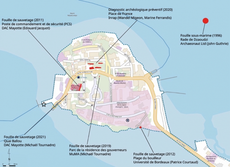 Fig. 2 : Cartographie des différentes opérations archéologiques réalisées à Dzaoudzi