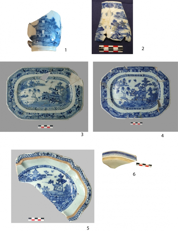 Fig. 5 : La vaisselle de table en porcelaine chinoise fine bleu et blanc, décor de chinoiseries (pagode et saule pleureur), n° 1-2, tasses à café, décor de chinoiserie, site de Saint-Denis, rue Châtel, fin du XVIIIe siècle et site de Saint-Paul Entrée Est ; n° 3-4, plateaux, n° 5, plat ovale couvert, site de Saint-Paul Entrée Est, fin du XVIIIe siècle ; n° 6, plat ovale couvert, site de Saint-Paul Entrée Est, début du XIXe siècle