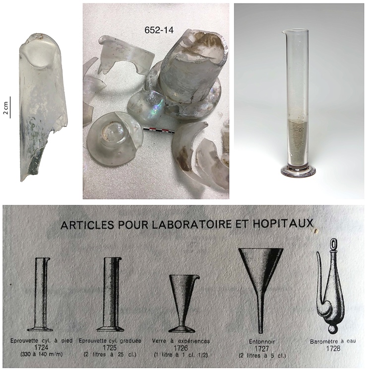 Fig. 13 : Fragment d’éprouvette du pénitencier agricole de l’Îlet à Guillaume à La Réunion ; fragments de grand et petit baromètre de l’habitation sucrerie Perrinelle, une éprouvette graduée du Mémorial de la catastrophe en Martinique