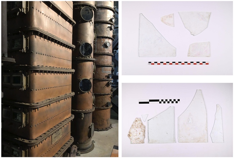 Fig. 16 : Colonnes de distillation du musée Stella Matutina et fragments de vitres circulaires et rectangulaires de colonne de distillation de l’habitation sucrerie Longoni à Mayotte