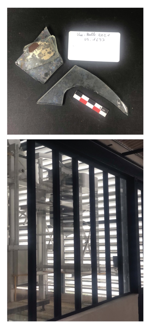 Fig. 18 : Fragments de vitres de verrière industrielle de l’habitation sucrerie Vue Belle de Saint-Paul à La Réunion et verrière du laboratoire du musée Stella Matutina