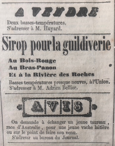 Fig. 19 : Annonce publicitaire pour la guildiverie, extrait du quotidien Le Moniteur de La Réunion du 12 mai 1869, rubrique « À vendre », folio 4