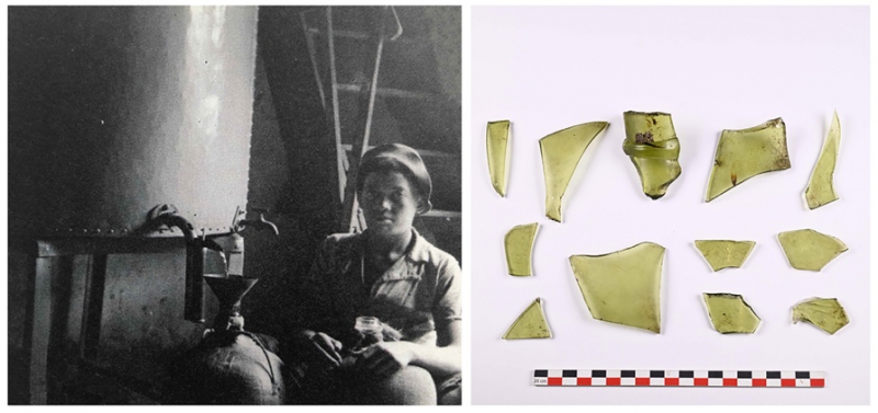 Fig. 5 : Intérieur de la distillerie Picaud à Saint-Denis (Photographie ancienne, auteur anonyme) et fragments de dame-jeanne mis au jour de l’habitation sucrerie de Vue Belle à Saint-Paul à La Réunion