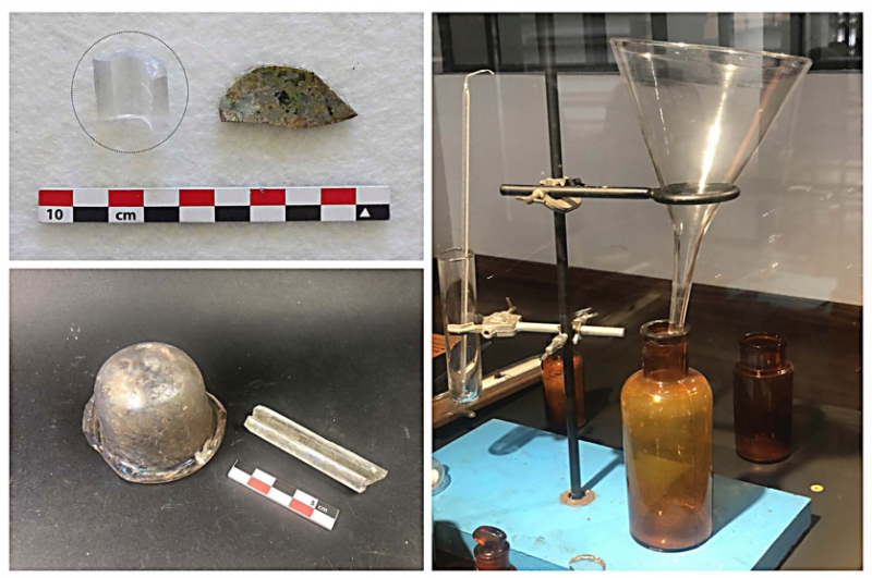 Fig. 8 : Fragments d’entonnoirs de la guildiverie du 11 rue de l’hôpital et de l’habitation sucrerie Grand Fond de Saint-Paul à La Réunion. Un entonnoir du musée Stella Matutina