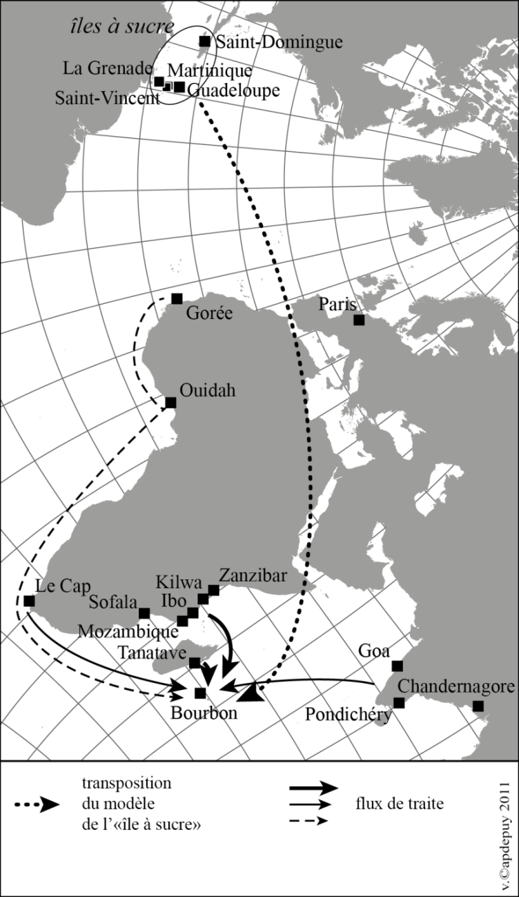 Figure 17 : La transposition du modèle d’exploitation coloniale, des Antilles aux Mascareignes (début du XVIIe siècle)