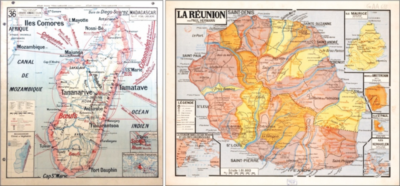 Illustration VIII : Une inspiration séminale. À gauche la carte de Madagascar par « P. Vidal-Lablache Professeur à la Faculté des Lettres de l’Université de Paris », à droite, La Réunion par « Paul Hermann, Instituteur ». Il faut noter sur sa carte l’absence de toute mention concernant l’éditeur, l’imprimeur et le lieu d’impression.