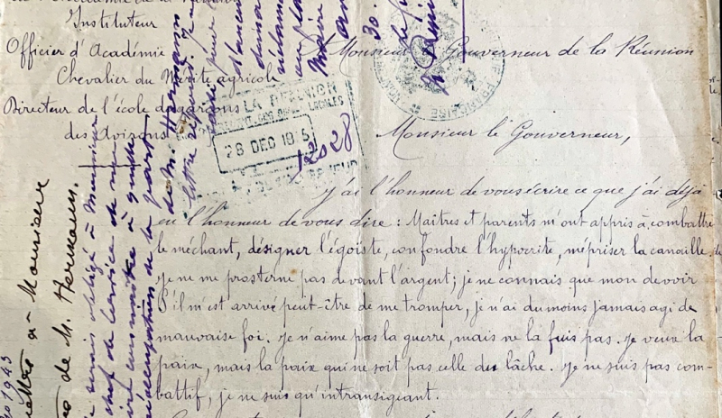 Illustration I : Lettre adressée au gouverneur Jules Repiquet (1874-1960) par Paul Hermann, le 22 décembre 1925, pour se plaindre des comportements du maire des Avirons à son encontre. L’extrait de son courrier permet de cerner le caractère trempé de l’instituteur