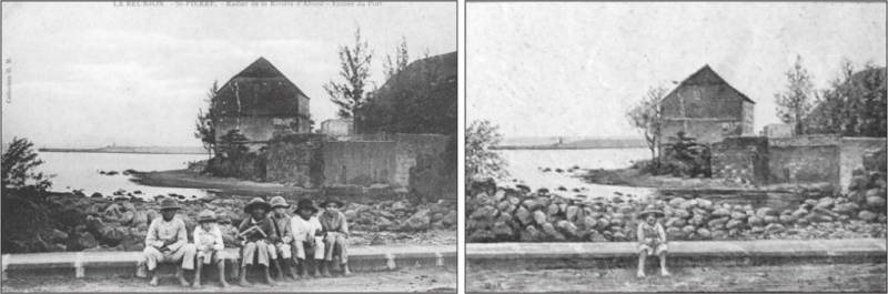 Illustration V : À gauche, la carte postale du photographe éditeur, Henri Mathieu, officier en mission dans l’île entre 1885 et 1898 et sa recomposition, à droite, par le sculpteur de la maison Delagrave sous la forme d’une gravure