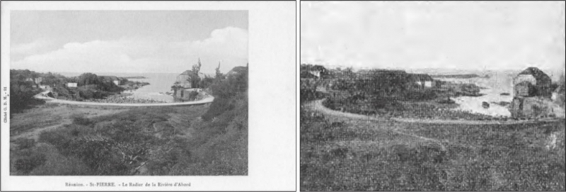 Illustration VI : À gauche, la carte postale d’Henri Mathieu : « Réunion. St. Pierre – Le radier de la Rivière d’Abord »