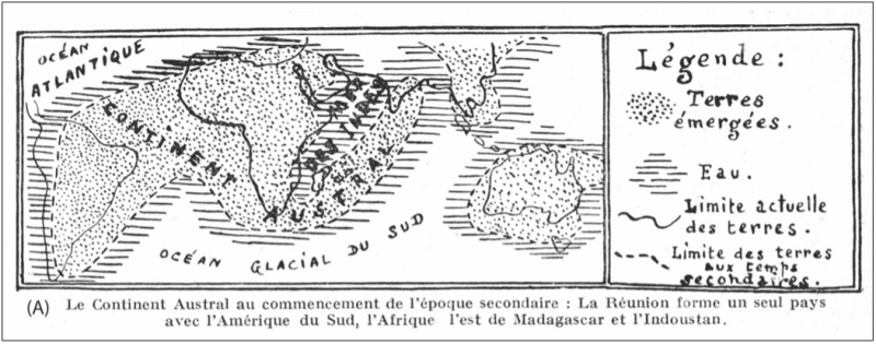 Illustration VII : Le schéma cartographique (A) illustre l’édifice complexe formulé dans le manuel sur l’origine géologique de La Réunion. Il localise l’extension du continent Austral avant sa disparition. Le document tente d’accréditer implicitement l’hypothèse de l’existence de cette terre mythifiée à laquelle serait associée la Lémurie légendaire. Cette carte est insérée à l’identique dans l’ouvrage de son cousin Jules65. L’invention d’une île dont la forme représenterait la carapace d’une tortue (B), animal totem du bestiaire emblématique des premiers récits sur l’île, trouve sans doute son origine dans les échanges soutenus que Jules et Paul Hermann ont entretenus jusqu’à la disparition du premier (1924). L’intention pédagogique est astucieuse
