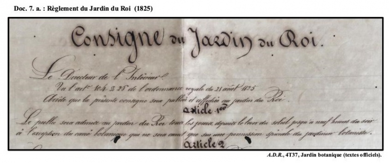 Illustrations 6 : a) Règlement du Jardin du Roi (1825) ; b) Projet de règlement (1913) (ADR 4T37, Jardin botanique, textes officiels)