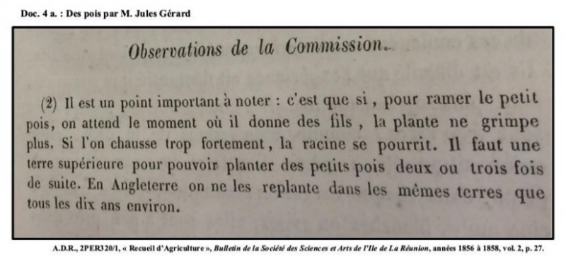 Illustration 4 : a) Des pois par M. Jules Gérard (ADR, 2PER320/1. « Recueil d’Agriculture », Bulletin de la société des Sciences et Arts de l’Île de La Réunion, années 1856 à 1858, vol. 2 p. 27).