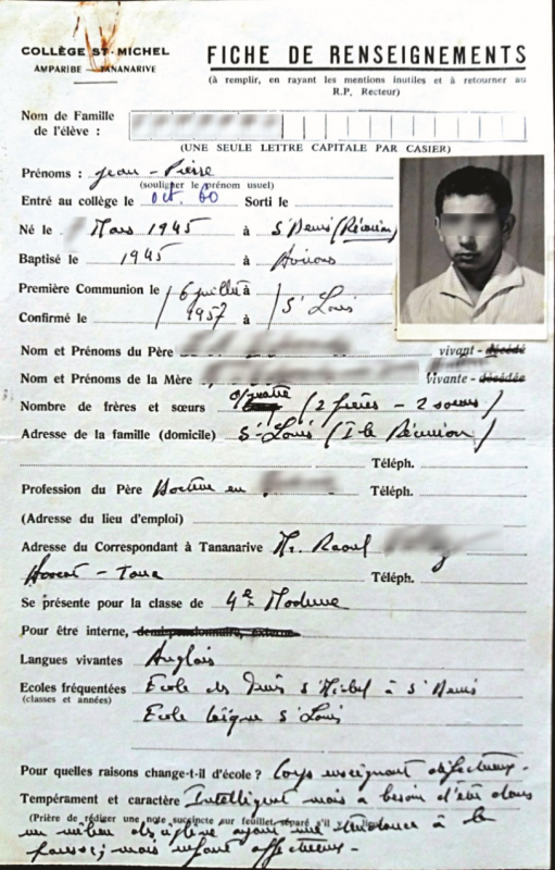 Fiche d’un élève originaire de Saint-Denis, 1960