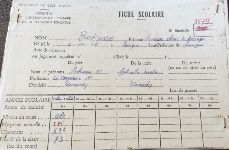 Fiche scolaire de l’élève Bokassa