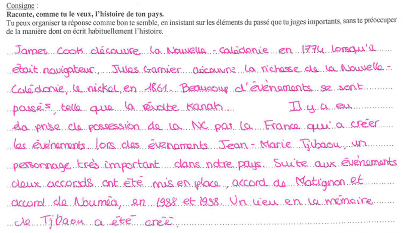 Figure 2 : Récit écrit par une élève de Seconde du lycée Dick-Ukeiwë (Dumbéa), s’identifiant Tahitienne, Calédonienne et Chinoise