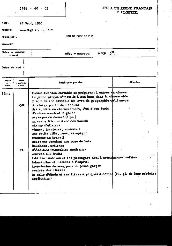Story-board « À un jeune Français (L’Algérie) »