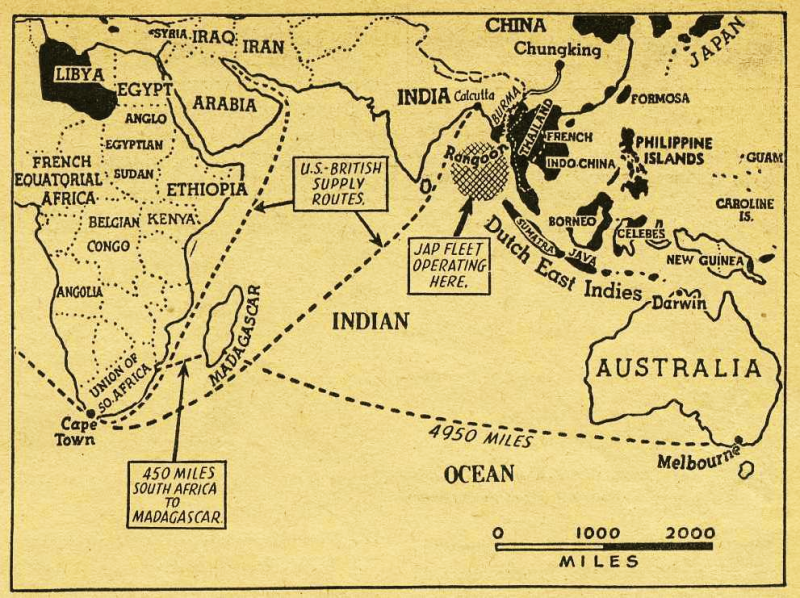 Document 6 : Map of the Indian Ocean area, showing Madagascar and the sea lanes it might threaten. Gift of Nancy McBeth, 2010.431