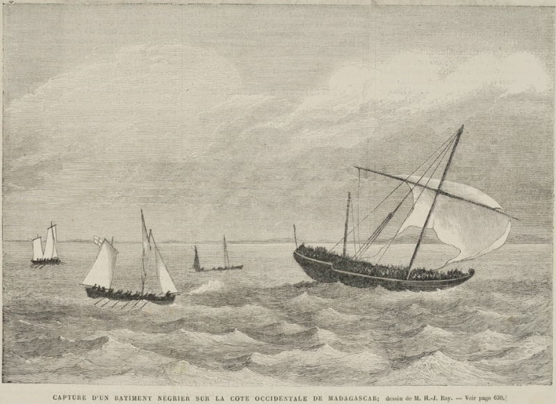 Document 1 : « Capture d’un bâtiment négrier sur la côte occidentale de Madagascar. » Estampe de H.-J. Ray.