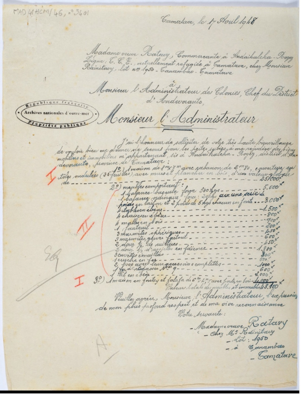 Document 4 : Liste de Mme Veuve RATAVY, commerçante à Andekaleka-Rogez (province de Tamatave). Il est intéressant de constater la précision de la description de la maison dont le prix estimé (25 000 francs) permet de montrer ce que pouvait posséder une catégorie de personnes plus aisées. FR ANOM 41/HCM/46, dossier n° 3401