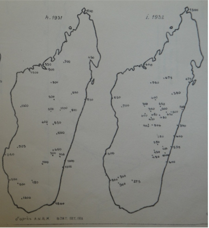Cartes des prix du riz en 1909, 1924, 1931 et 1932