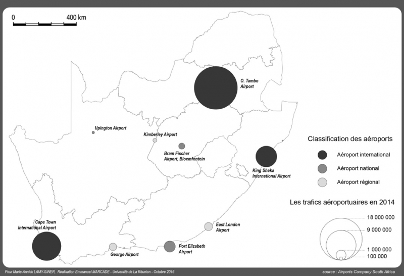 Figure 1 : Localisation et hiérarchie des aéroports internationaux, en Afrique du Sud