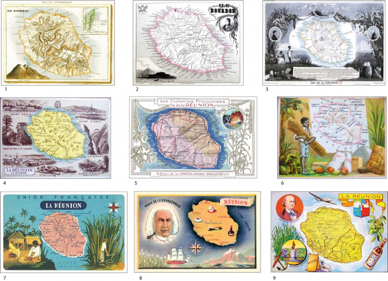 Figure 2 : La Réunion dans les Atlas du XIXe siècle, sur les cartes postales et les gravures (1835-1950)