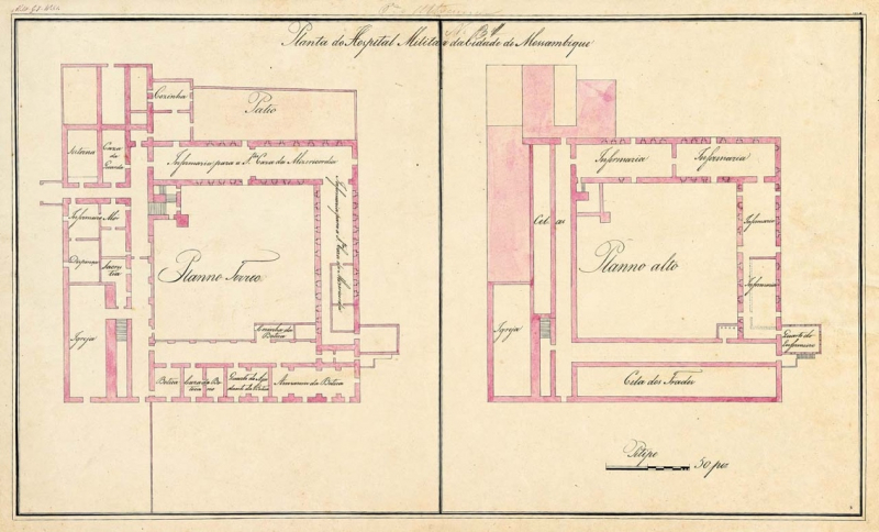 Illustration n° 1. Plan de l’hôpital de l’Île du Mozambique (s.d., 1821). L’hôpital fonctionnait dans le couvent de S João, dont l’édifice fut détruit en 1877 pour y construire de nouvelles installations hospitalières
