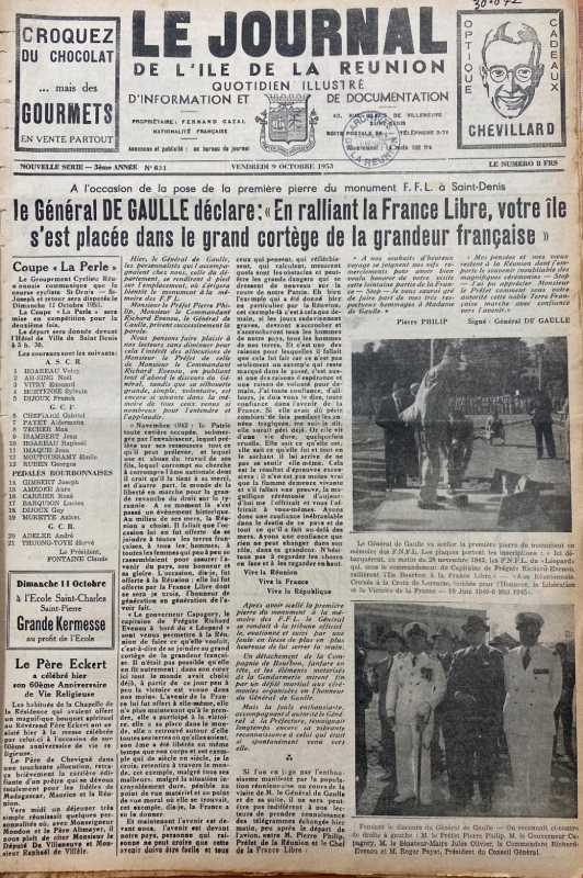 Journal de l’Île de La Réunion (JIR), 9 octobre 1953